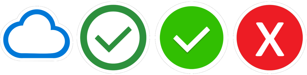 The four main OneDrive icons, cloud green check white check red x